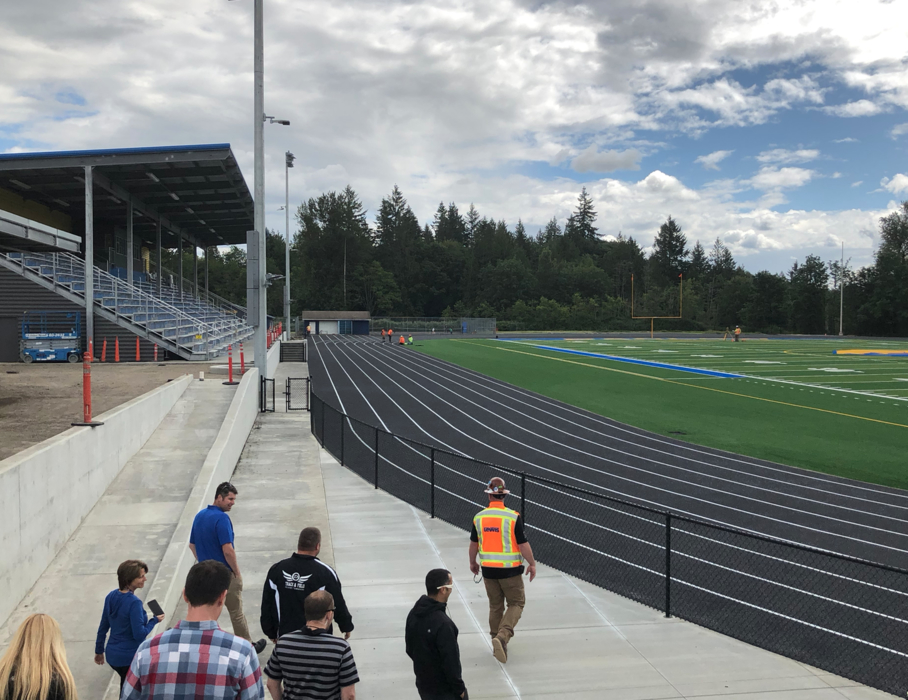 Stadium, track, and field